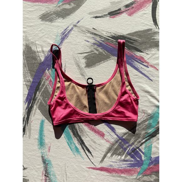 80s/90s Bubble Gum Pink Barbie Core Vintage Loop Ring Zip Bikini Top - Picture 2 of 2